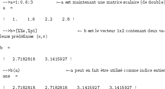 \begin{sessioncmd}
\par -->a=1:0.6:3 \sleftarrow{\normalfont\verb+a+ est mainten...
...er}
ans =
\par ! 2.7182818 2.7182818 3.1415927 3.1415927 !
\par\end{sessioncmd}