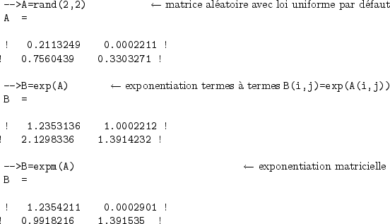 \begin{sessioncmd}
\par -->A=rand(2,2) \sleftarrow{\normalfont matrice al�atoire...
... }
B =
\par ! 1.2354211 0.0002901 !
! 0.9918216 1.391535 !
\par\end{sessioncmd}
