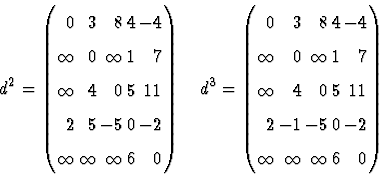 \begin{displaymath}
d^2 = 
\left(
\begin{array}
{rrrrr}
0 &3 &8 &4 &-4 \\ \infty...
 ...1 &-5 &0 &-2 \\ \infty &\infty &\infty &6 &0 \end{array}\right)\end{displaymath}