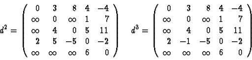 \begin{displaymath}d^2 =
\left(
\begin{array}{rrrrr}
0 &3 &8 &4 &-4 \\
\infty &...
...&-5 &0 &-2 \\
\infty &\infty &\infty &6 &0
\end{array}\right)
\end{displaymath}