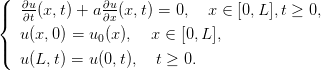 (
|{  ∂∂ut(x,t) + a∂∂ux(x,t) = 0,  x ∈ [0,L ],t ≥ 0,
   u(x,0) = u (x),   x ∈ [0,L ],
|(            0
   u(L,t) = u(0,t),  t ≥ 0.

