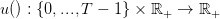 u() : {0, ...,T − 1} × ℝ+ → ℝ+
