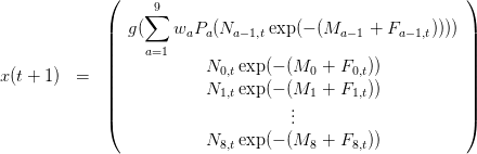              (    ∑9                                       )
             |  g(    waPa (Na− 1,texp(− (Ma −1 + Fa−1,t)))) |
             |    a=1                                      |
             ||            N   exp (− (M   + F  ))           ||
x(t + 1)  =  ||              0,t         0    0,t            ||
             |            N1,texp (− (M1  + F1,t))           |
             |(                       ...                     |)
                          N   exp (− (M   + F  ))
                            8,t         8    8,t
