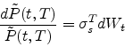 \begin{displaymath}
\frac{d\tilde{P}(t,T)}{\tilde{P}(t,T)}
= \sigma^T_s dW_t
\end{displaymath}